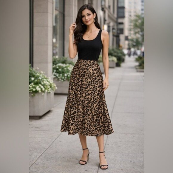 Sienna Sky Satin Leopard Print Midi Skirt Animal Print Medium - Picture 1 of 10